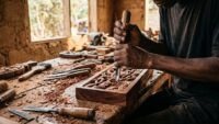 Artisans sculpteurs travaillant le bois noble au bord du lac Togo à Agbodrafo