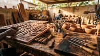 Atelier d'artiste plasticien togolais avec sculptures sur bois et œuvres en technique zota