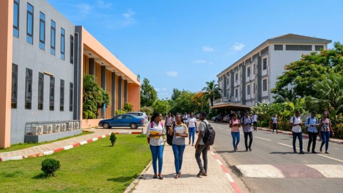 Étudiants sur le campus de l'Université de Lomé au Togo sous un ciel ensoleillé