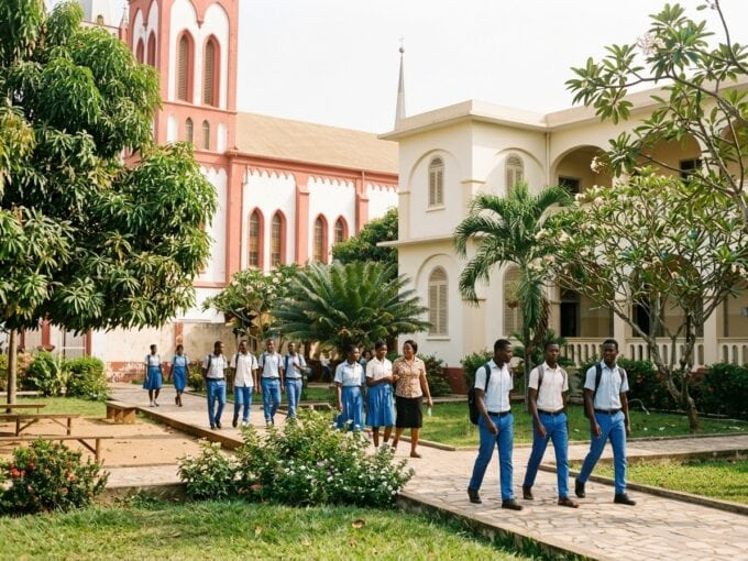 Vue du campus du Collège Saint-Esprit à Kpalimé avec des élèves et enseignants durant la rentrée scolaire.