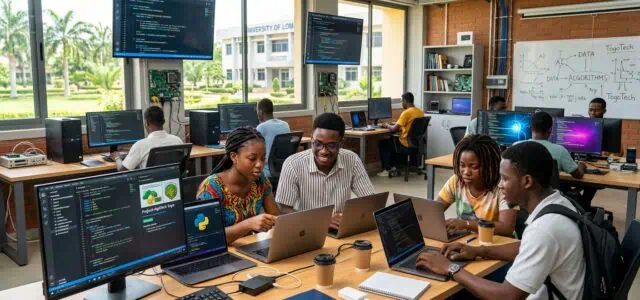 Des étudiants togolais travaillant en équipe sur des ordinateurs portables lors d'une session d'innovation numérique à Lomé.