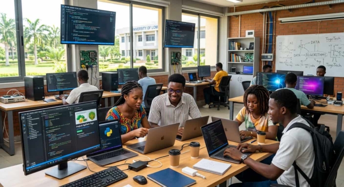 Des étudiants togolais travaillant en équipe sur des ordinateurs portables lors d'une session d'innovation numérique à Lomé.