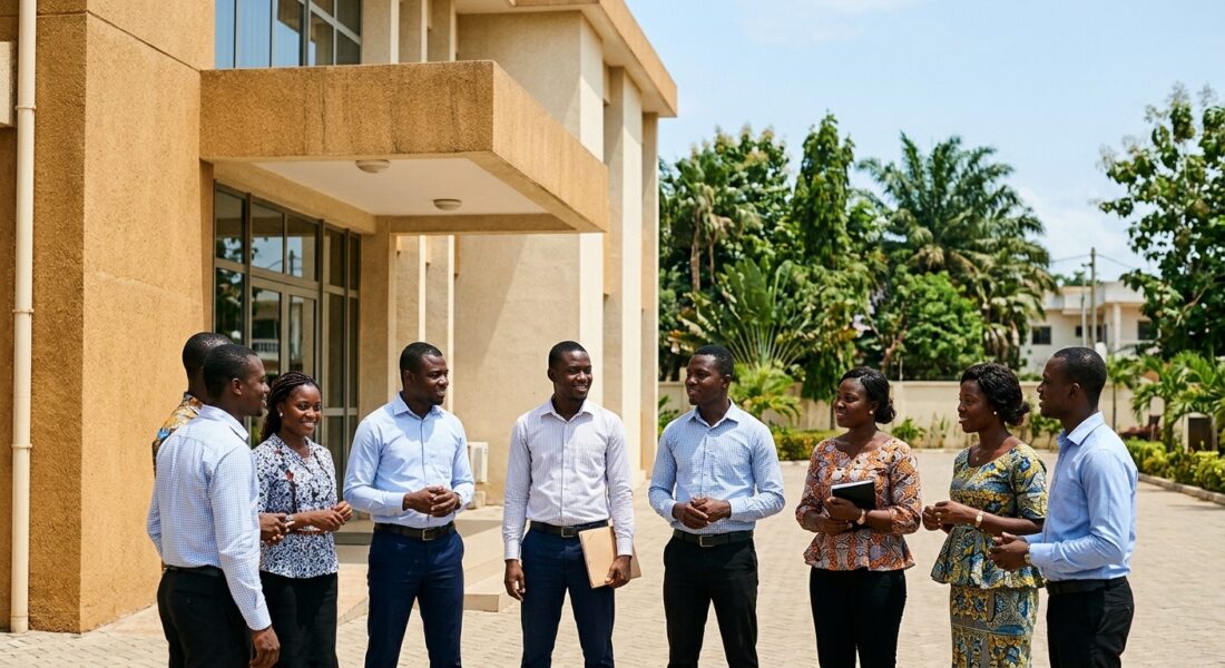 Candidats togolais admis au concours de recrutement des enseignants devant un bâtiment éducatif à Lomé.