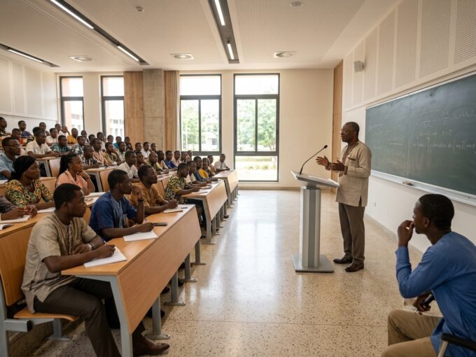 Amphithéâtre de l'Université de Lomé durant un cours magistral dispensé par un professeur togolais.