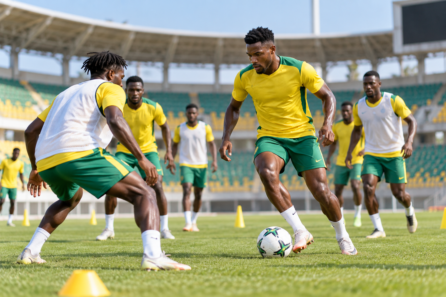 Illustration éditoriale générée montrant des footballeurs en tenue jaune et verte à l’entraînement dans un stade