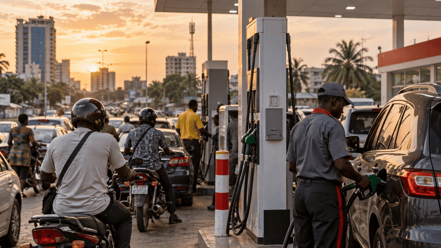 Scène de rue quotidienne à Lomé avec des conducteurs de moto-taxi devant une station-service au coucher du soleil.