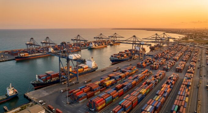 Vue panoramique des portiques et conteneurs au Port Autonome de Lomé