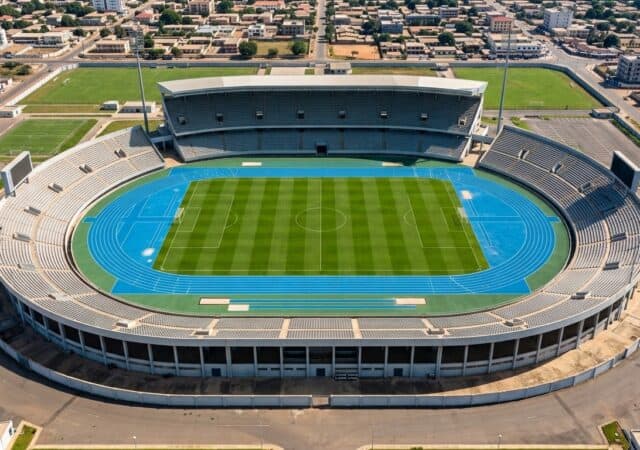 Vue panoramique du Stade de Kégué à Lomé lors d'un événement sportif.