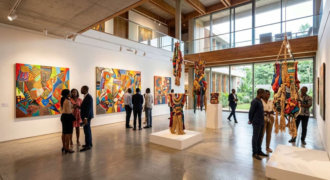 Exposition d'art contemporain africain dans une galerie moderne à Lomé.