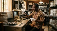 Un archiviste examine une bobine de film pour la restauration du patrimoine cinématographique africain.