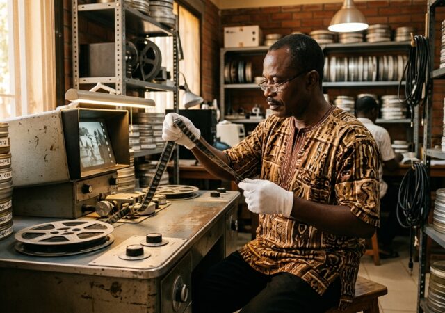 Un archiviste examine une bobine de film pour la restauration du patrimoine cinématographique africain.