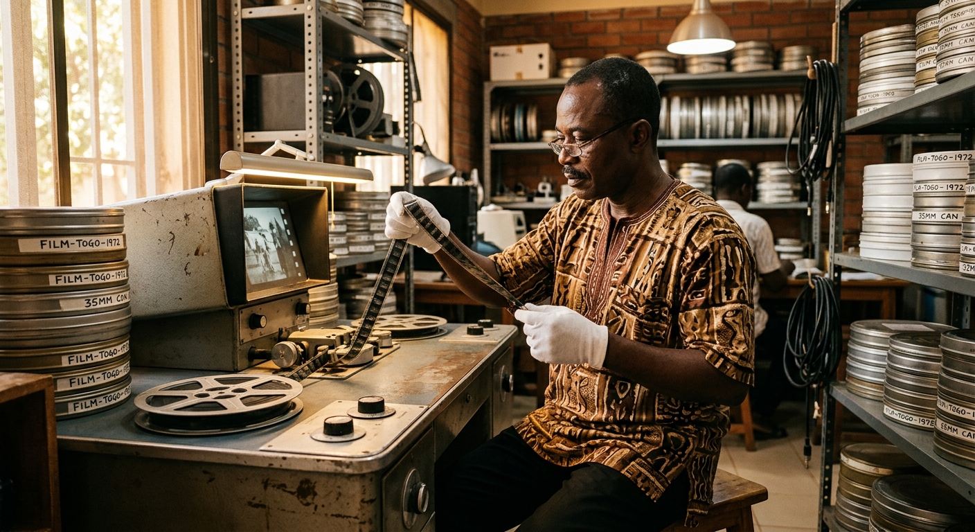 Un archiviste examine une bobine de film pour la restauration du patrimoine cinématographique africain.