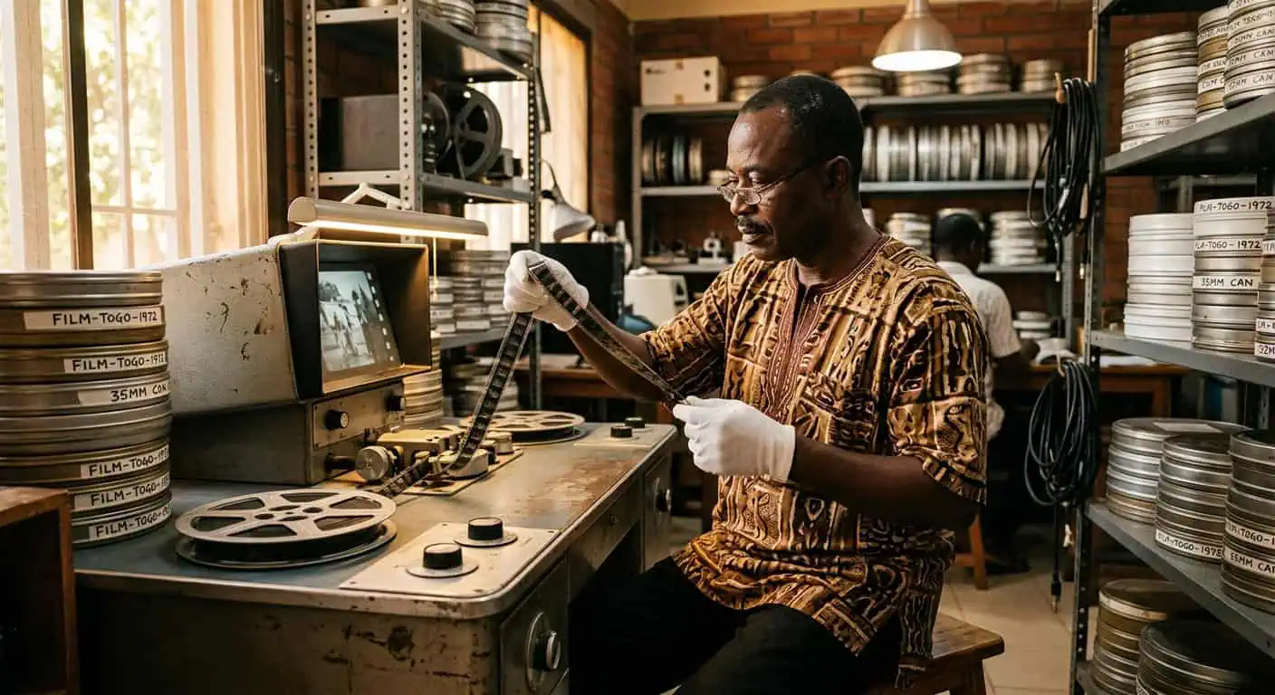 Un archiviste examine une bobine de film pour la restauration du patrimoine cinématographique africain.