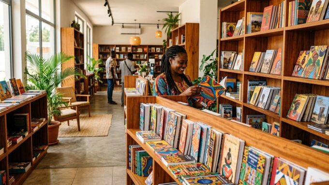 Présentation de livres dans une librairie indépendante africaine