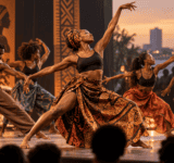 Illustration de danseurs africains sur scène évoquant la danse contemporaine à Lomé