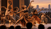 Illustration de danseurs africains sur scène évoquant la danse contemporaine à Lomé