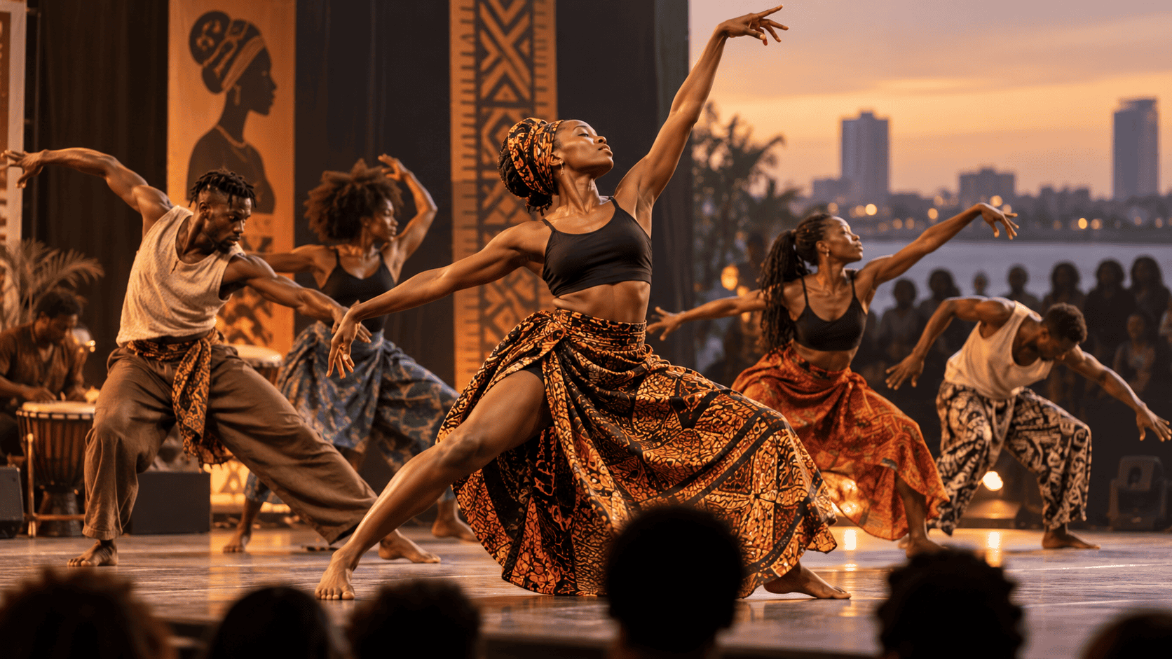 Illustration de danseurs africains sur scène évoquant la danse contemporaine à Lomé