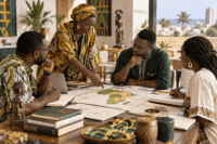 Illustration éditoriale générée représentant des chercheurs africains travaillant sur des calendriers, cartes et repères culturels.