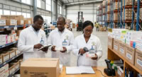 Inspecteurs de santé et pharmaciens togolais contrôlant des médicaments dans un entrepôt moderne à Lomé