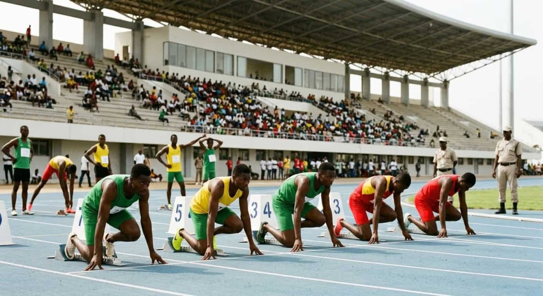 Athlètes togolais au départ d'une course de sprint lors du Championnat National d'Athlétisme au Stade de Kégué à Lomé.