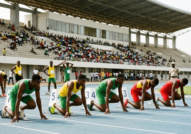 Athlètes togolais au départ d'une course de sprint lors du Championnat National d'Athlétisme au Stade de Kégué à Lomé.