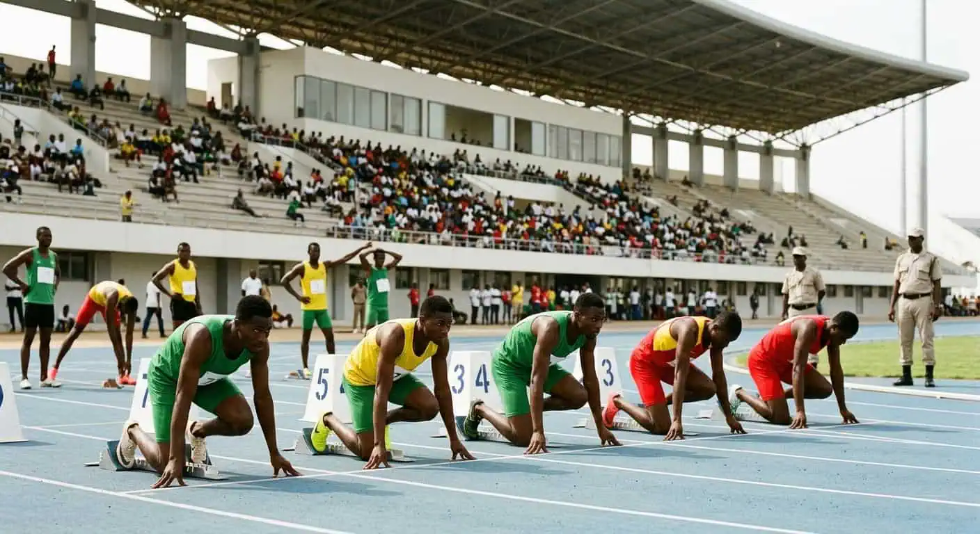 Athlètes togolais au départ d'une course de sprint lors du Championnat National d'Athlétisme au Stade de Kégué à Lomé.
