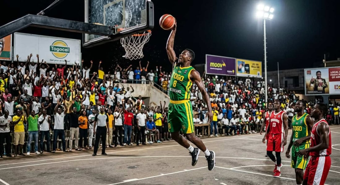 Un joueur de basketball togolais en plein dunk lors d'un match de la Super Ligue à Lomé.