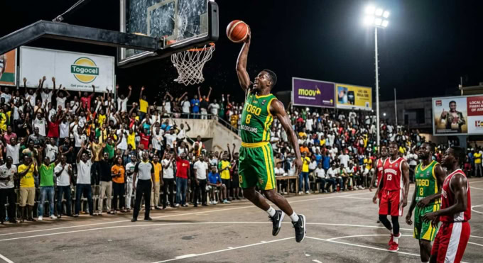 Un joueur de basketball togolais en plein dunk lors d'un match de la Super Ligue à Lomé.
