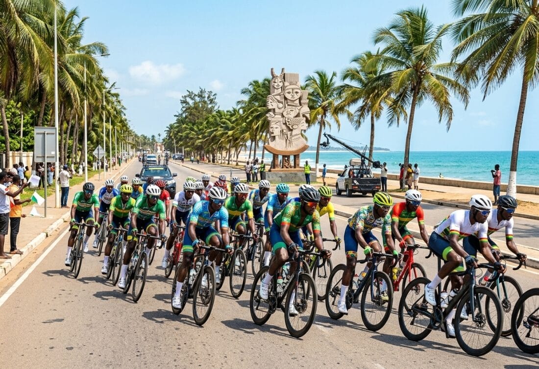 Peloton de cyclistes en pleine course sur le Boulevard du Mono à Lomé lors du Tour du Togo