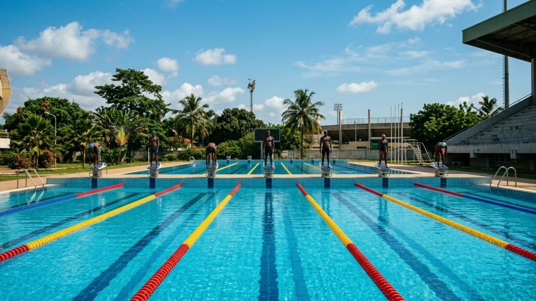 Nageurs togolais sur les plots de départ lors du Championnat National de Natation à Lomé.