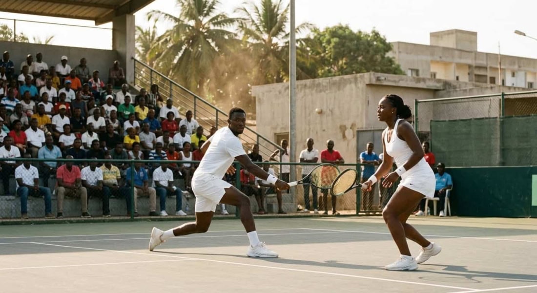 Joueurs de tennis en plein match lors du Tournoi National Senior 2026 à Lomé