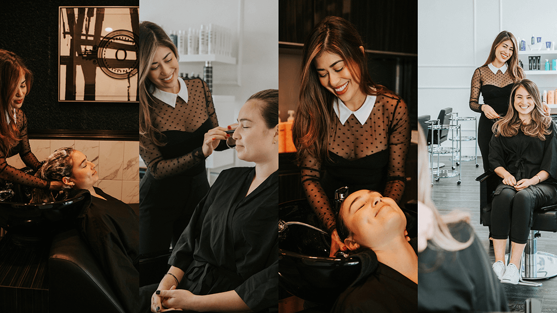 Collage showing professional cosmetologist styling a clients' hair in a modern salon, representing a thriving beauty career.