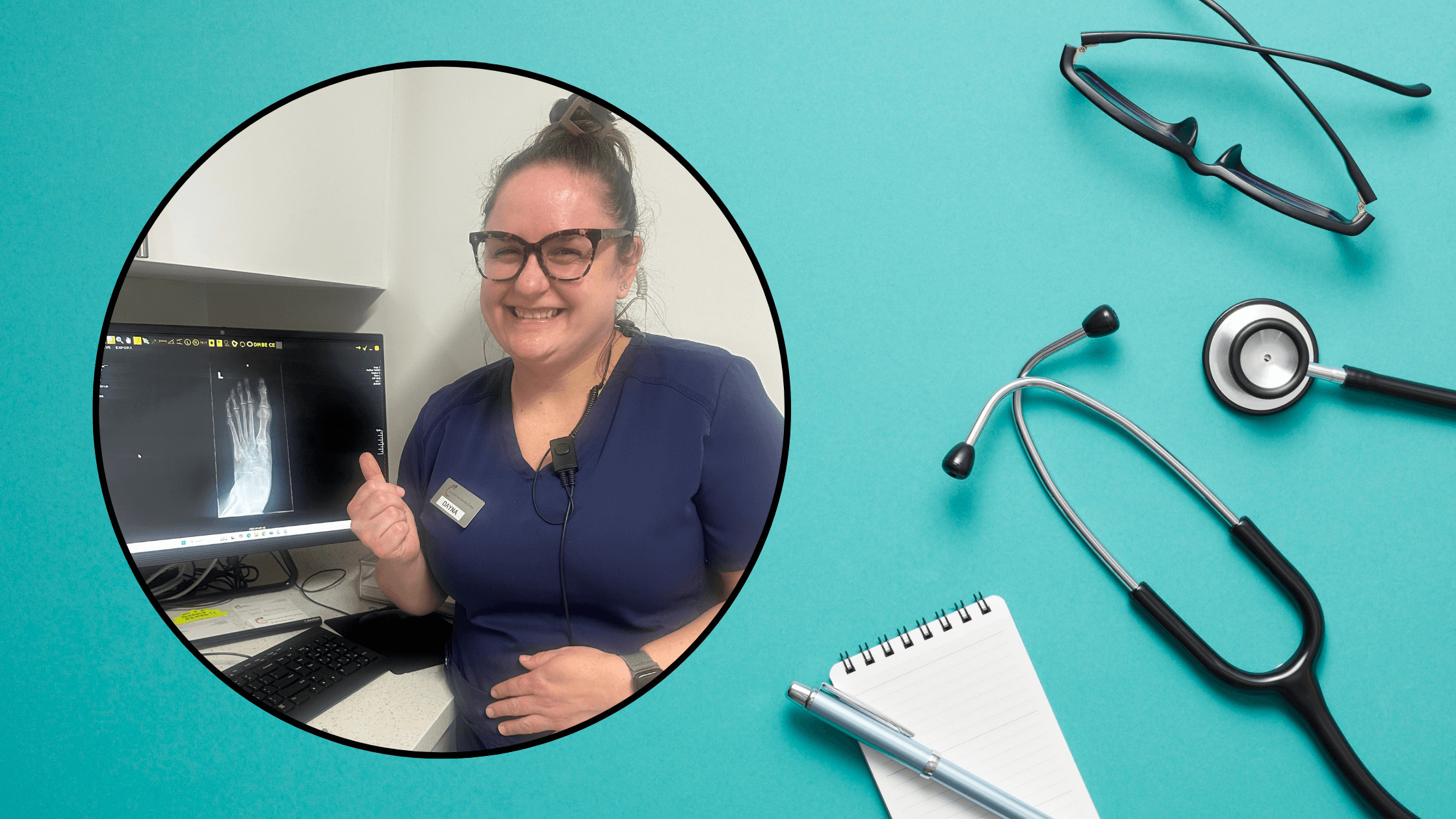 Smiling medical assistant with foot X-ray and medical tools.