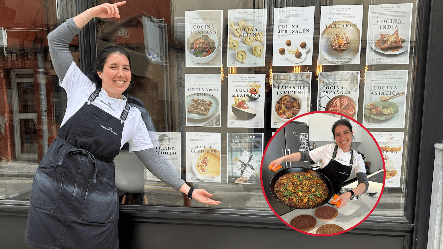 Ros, a culinary artist, smiling outside a cooking school or restaurant, with an inset of her proudly holding a paella, symbolizing her successful career transition from art director to the culinary field
