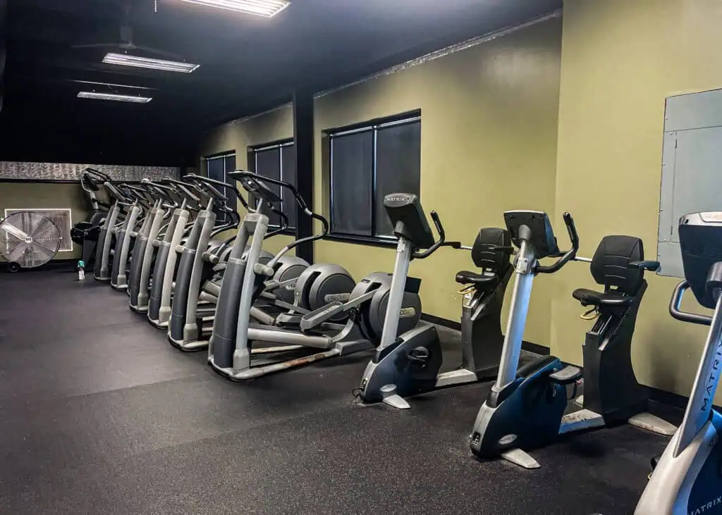 Elliptical machines lined up at Triangle Fitness in North Carolina.
