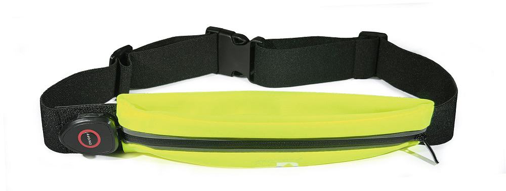 Reflective running waist belt with built-in headphone and hydration pocket for triathlon training and outdoor workouts.
