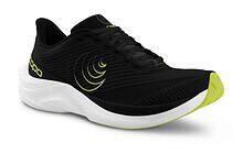 Lightweight black and neon yellow triathlon running shoe with breathable mesh, cushioned sole, and strategic grip designed for optimal performance in triathlon training and races.