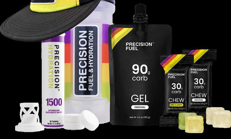 Precision Fuel and Hydration Cramper Hamper with Fractel hat, bottle, tablets, gel and chews