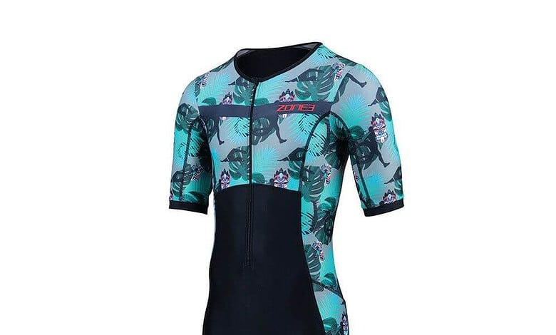 Triathlon wetsuit with a floral and abstract pattern in blue and black, designed for optimal performance and comfort during training and races.