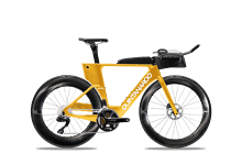 Yellow Quintanaroo triathlon bike with aerodynamic design, disc wheels, and hydration system, ideal for competitive triathlon events.