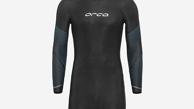 High-performance Orca triathlon wetsuit designed for men, featuring a sleek black design with blue accents on the arms, ideal for competitive swimming and open water races.