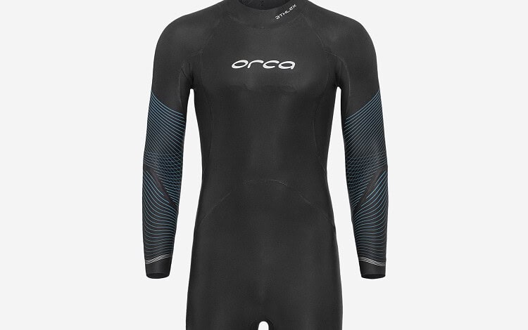 High-performance Orca triathlon wetsuit designed for men, featuring a sleek black design with blue accents on the arms, ideal for competitive swimming and open water races.