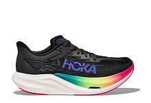 Black HOKA running shoe with rainbow-colored sole, designed for triathlon training and performance.