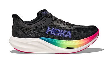 Black HOKA running shoe with rainbow-colored sole, designed for triathlon training and performance.