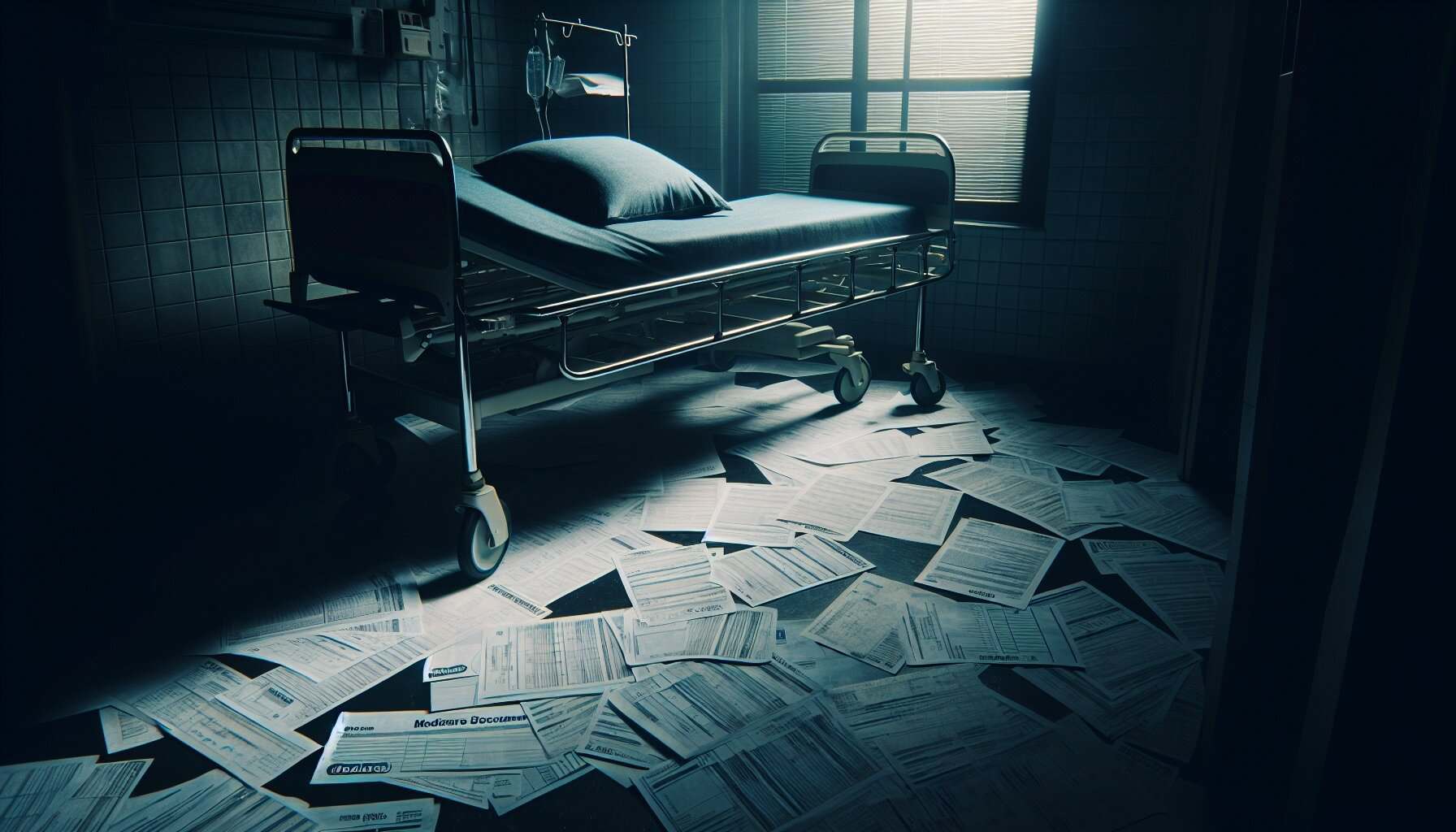 Eerie hospital room with scattered documents and an unoccupied medical bed in dim lighting.