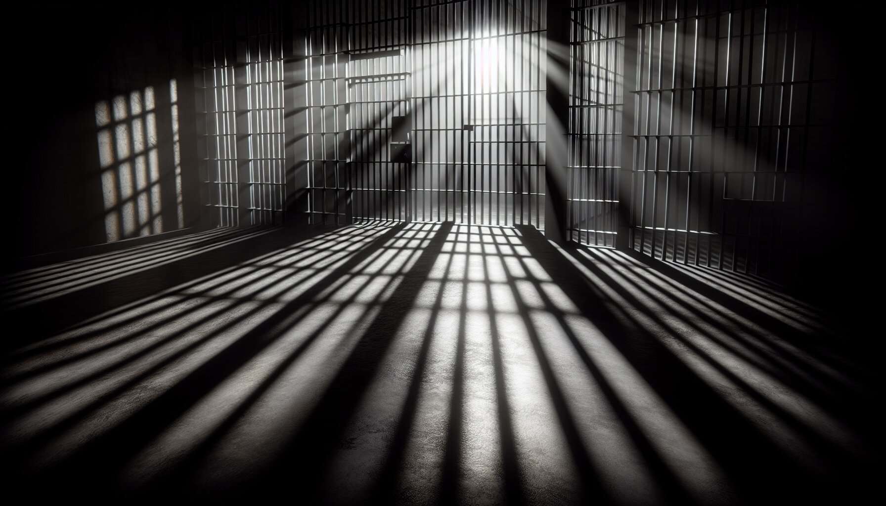 Dark prison cell with shadows and bars, symbolizing true crime stories and unheard criminal cases.