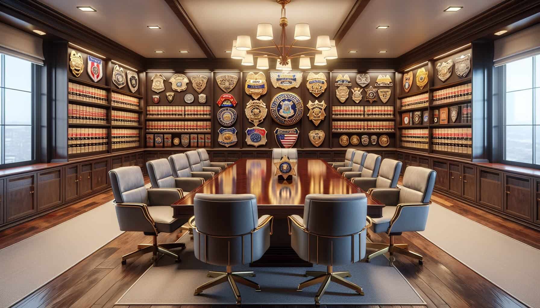 High-resolution image of a law enforcement conference room with police badges and law books on the walls.