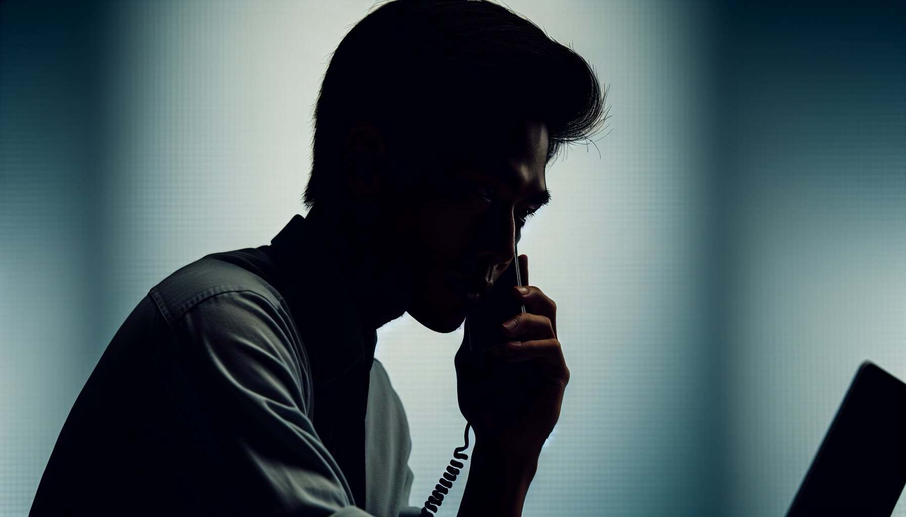Dark silhouette of man talking on phone in shadowed room.
