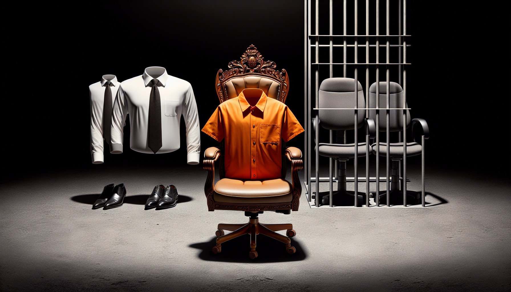 A courtroom setup with a chair in the center, suits, prison bars, and shoes illustrating true crime cases never heard.