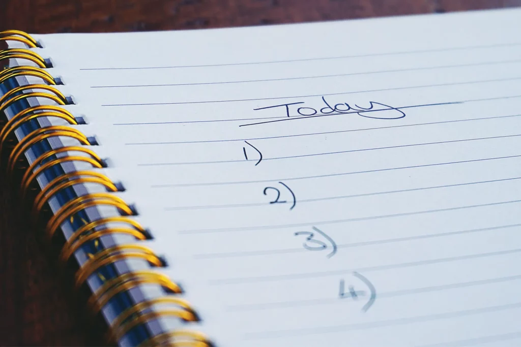 close up of a notebook page with the word today and numbers 1 through 4